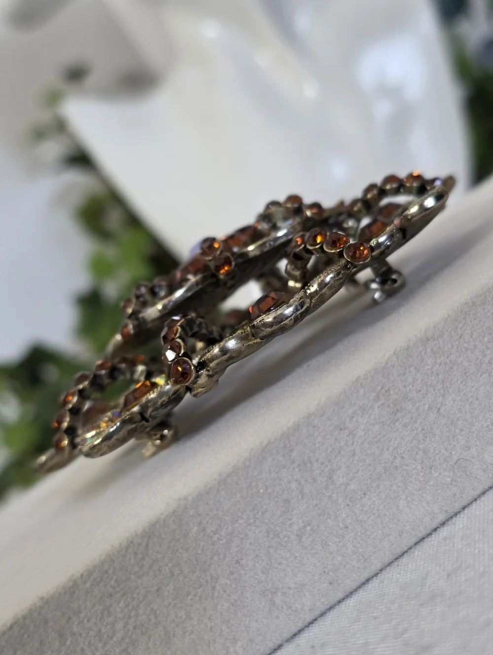 Vintage Oversized Aurora Borealis & Amber Floral Statement Double Pin Brooch